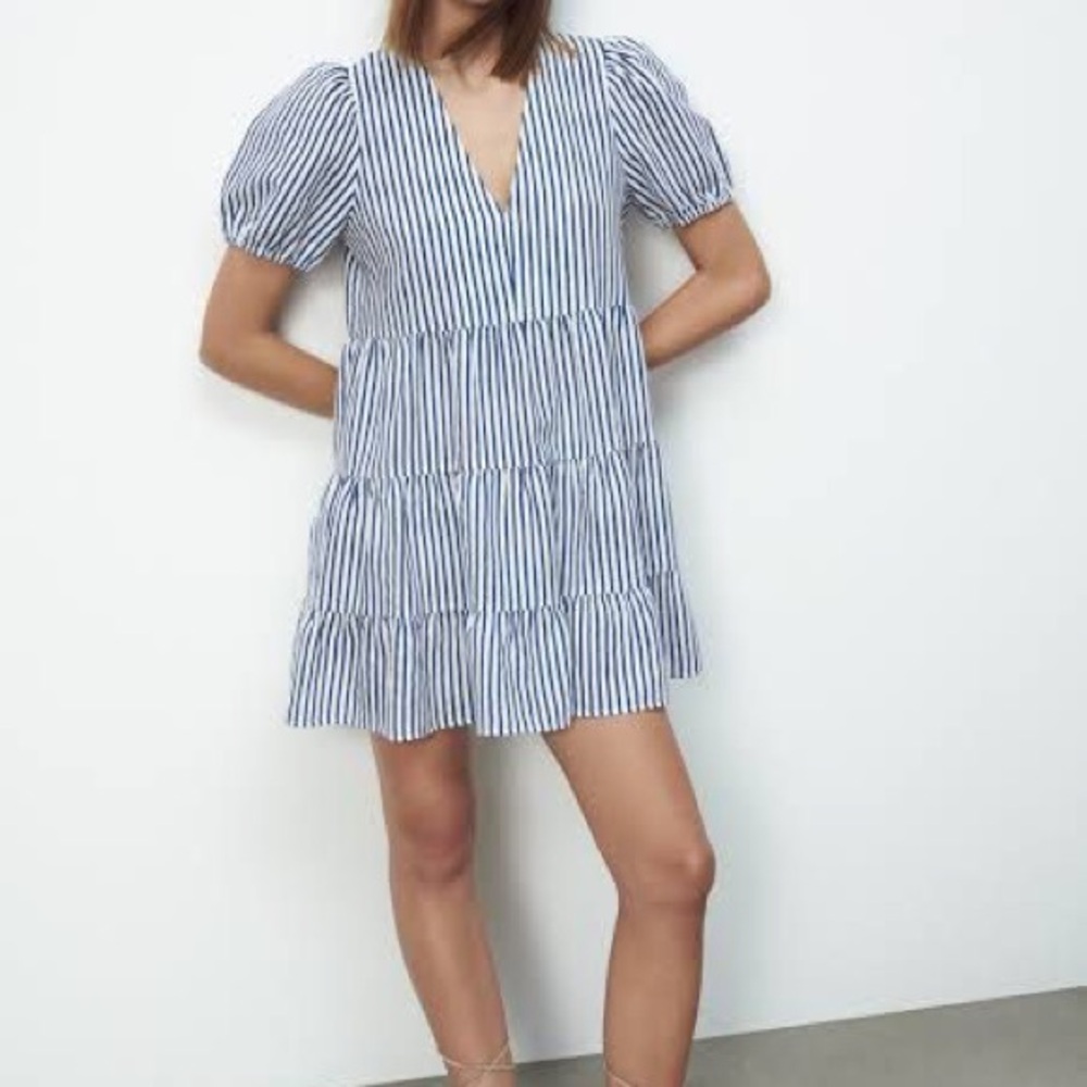 Zara Striped Blue and White Puff Sleeve Dress